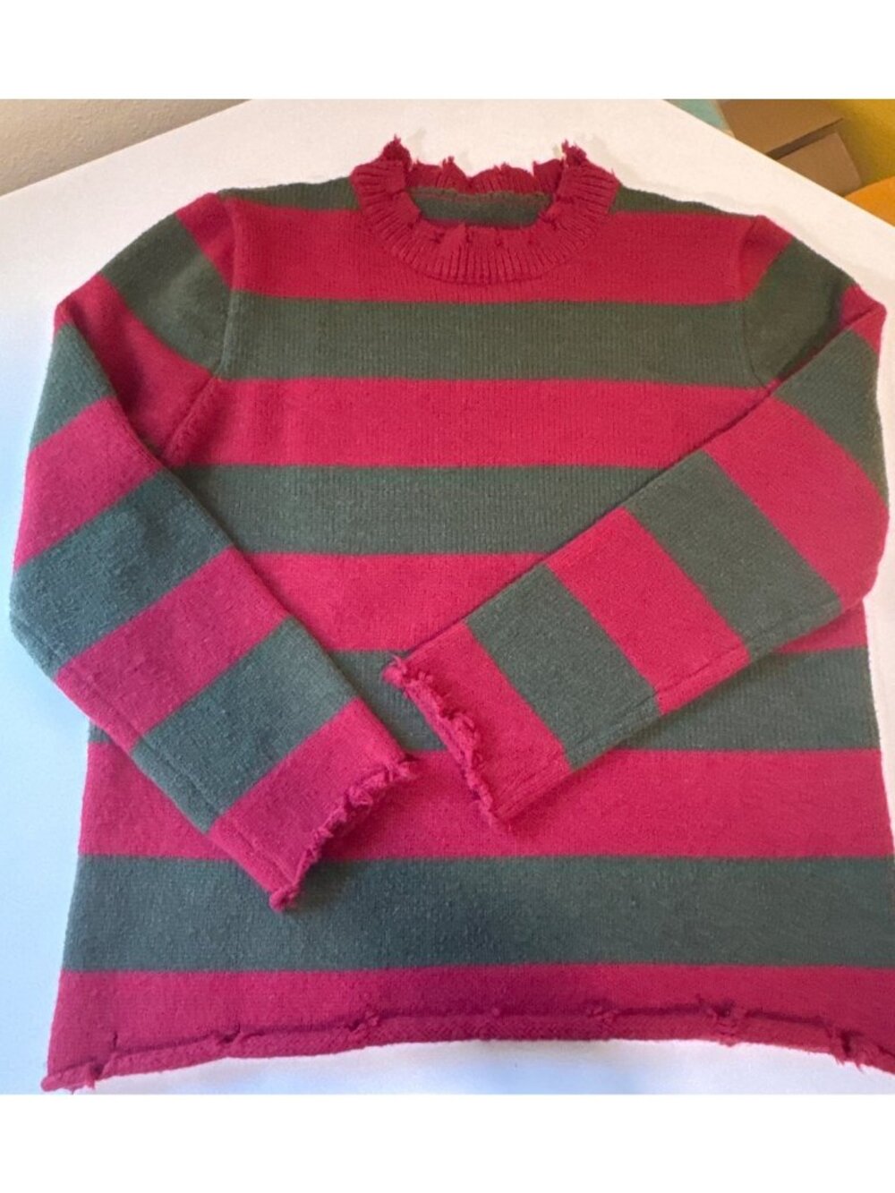 Freddy Krueger Striped Halloween Sweater Costume Adult Large Red & Green Distres